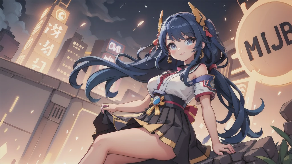 (masterpiece, Highest quality;1.3), Very detailed ,Super detailed,  One girl,alone,  Twin tails,  Large Breasts, Wicked Smile, Gundam(Search results for RX78), sf, Mecha, , Blue Hair, alone, hair ornaments, Long Hair, Twin tails, Golden Eyes, jewelry, Earrings, View your viewers,Shinjuku City Background,night, There are lots of neon signs, Moon base, Detailed dress, Micro Mini Skirt,  From below, Sitting,, Bust Shot,