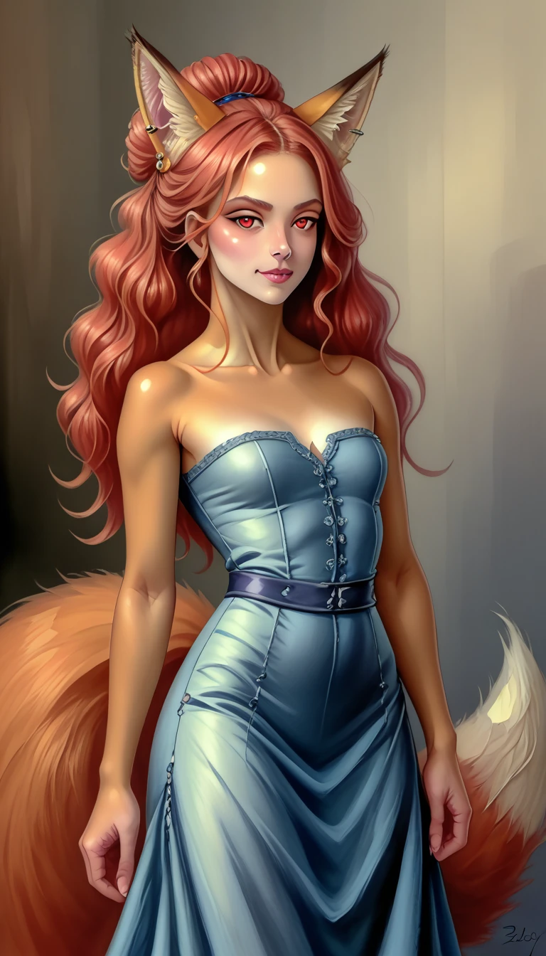 (zPDXL2),  score_9_up, painterly, faux traditional media, realistic, BREAK
1girl, solo, fullbody, (fox:1.2), (long wavy hair, bun hairstyle), glowing red eyes, (fox ears, fox tail), tanned skin, cyberpunk dress, wheat farm background, BREAK
AissistXLv2, unaestheticXL_bp5, SimplePositiveXLv2, zPDXL2 PonyXLV6_Scores