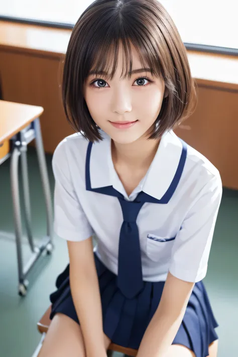 (Beautiful girl sitting at a desk:1.4), 17 years old, (Highest quality:1.4), (Very detailed), (Very detailed美しい顔), Short sleeve,...