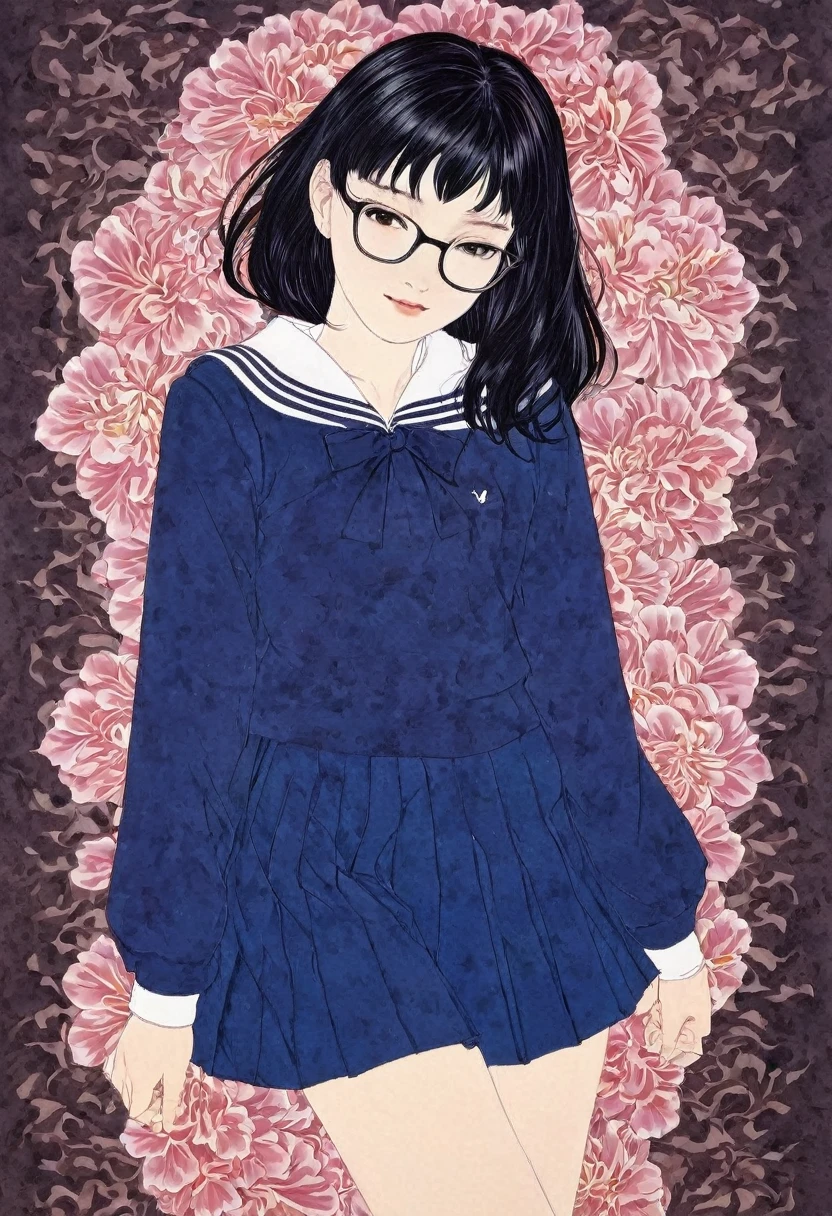 Line art,Flower Art,(Floral:1.2), (masterpiece, Highest quality),Vibrant colors,colorful, Highest quality,virgin, 15 years old,(School Sailor Suit、Navy Blue Skirt)、,White socks、Black Loafers、Crazy Smile、Black Hair、Wide forehead、Short braid、Brow wrinkles、Black glasses、Big Breasts、Plump;Not cute,From above、takato yamamoto style