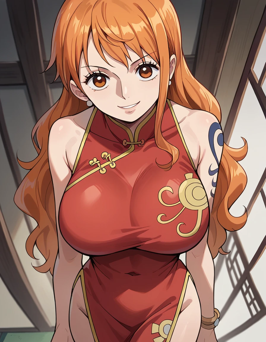 score_9, score_8_up, score_7_up, source_anime, best quality, clear face, Nami, orange hair, orange eyes, long hair, large breasts, perfect body, standing, looking at viewer, smile, china dress, red clothes, dynamic angle, indoor