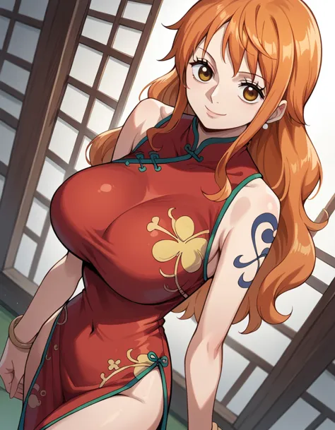 score_9, score_8_up, score_7_up, source_anime, best quality, clear face, nami, orange hair, orange eyes, long hair, large breast...