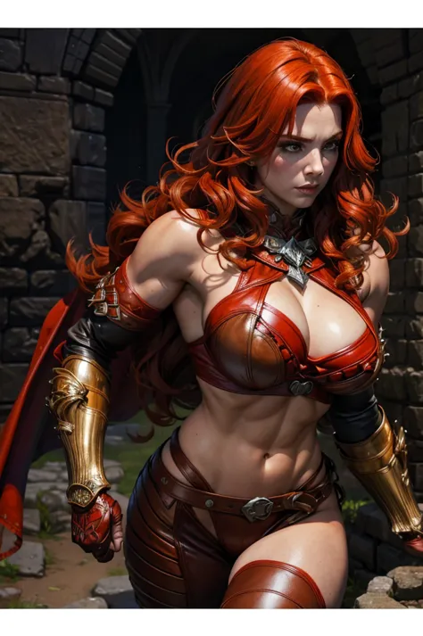 Beautiful barbarian warrior redhead orange curly hair muscular body perfect breasts leather pant armor leather net style sonja r...