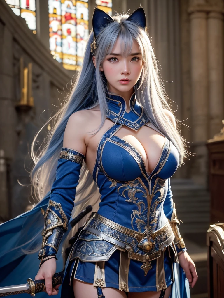 (8K, Highest quality:1.2)、masterpiece, Beautiful Female Warrior, (Attractive American Model),(( Blue clothes))、(((Cat ear)))、(( Mature Female Warrior)), ((Armor with great attention to detail)), (Strong muscular body),(Powerful arms)、 (bright silver hair), Braiding、Disheveled Hair、((Delicate embroidery))、 High resolution, (Skin Texture:1.1), Highest quality, 超High resolution, (Realistic: 1.4), RAW Photos, Nikon D850 film stock photos, 1 1 1.6 Lenses, Rich colors, Bokeh, Sharp focus, Realistic, Cinestill 800, Backlight, Rim Light, Strong sunlight, Realistic, Realistic Shadow, 3d, (Church Background:1.2),Hair blowing in the wind、whole body、(((Ancient fantasy female warrior))),Combat Accessories,breastplate、((Sleek mini skirt))、Voluminous lips、(((Big Breasts)))、((Large Breasts))、Cleavage、((Perfect Face))、Big eyes、Delicate eyes、Powerful gaze、Body-fitting armor、looking at the camera、belt、Armor with intricate patterns、Upper Body、Delicate hands、Robe(masterpiece:1.2), (Highest quality:1.2), Perfect Eyes, Perfect Face, Volumetric lighting, One Mature Woman,(( Mature Female Warrior))、Holding a long sword、commander、ガーターbelt