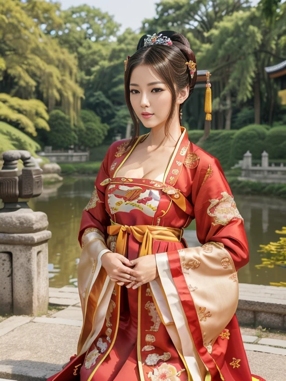 Focus face, looking at viewer, Chinese, 30-year-old, One of the three most beautiful women in the world, A beauty known all over the world,  (light Brown hair, beautiful lip, little smile), (middle breasts, slender whist, middle hip ) ,(Silk Yang Guifei, Chinese clothing、Royal clothing ), on ground , in palace garden,   (masterpiece, highest quality, High resolution, Photo realistic, sharp, RAW Photos, 8k wallpaper, perfection, Professional Lighting, Very detailed)


