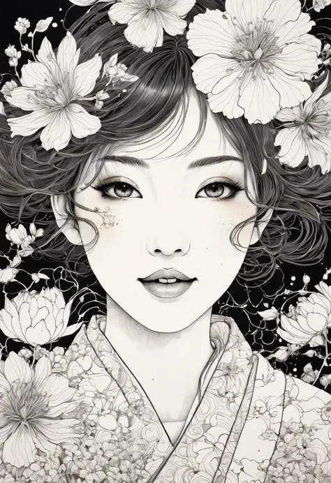 line art、flower art、floral、japan pattern、virgin、splattered、crazy smile、falling flowers、takato yamamoto&#39;style、browsing cautio...