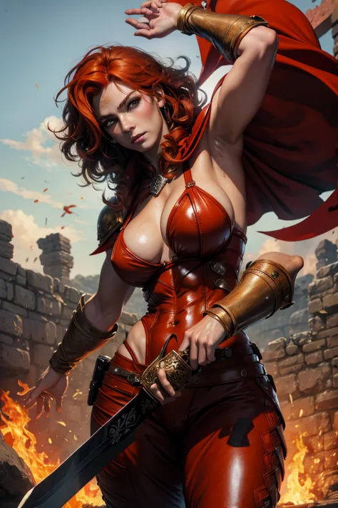 Beautiful barbarian warrior redhead orange curly hair muscular body perfect breasts leather pant armor leather red cape with flu...