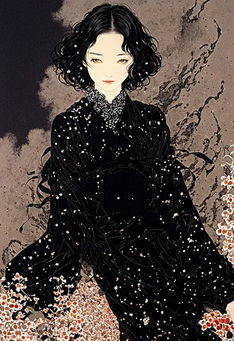 line art、virgin、splattered、crazy smile、falling flowers、takato yamamoto style、black dress