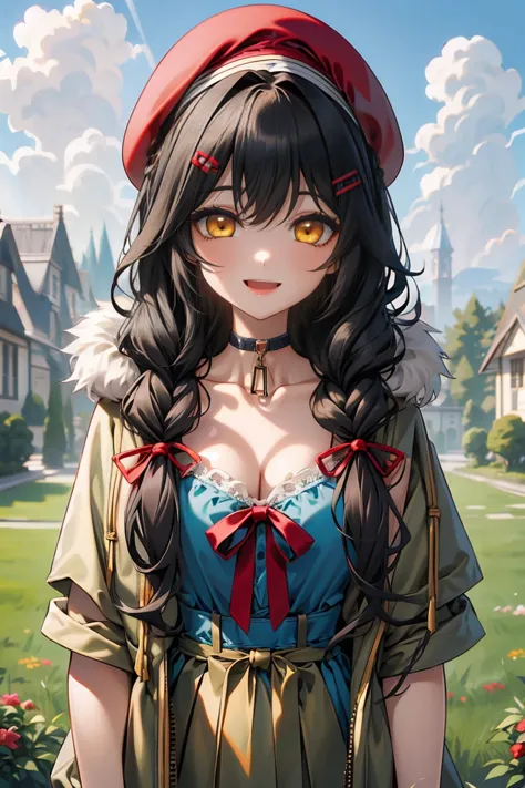 (masterpiece:1.2), (high quality:1.2), girls with((1girl, solo, black hair, yellow eyes, smiling, (wavy long hair, wearing a red...