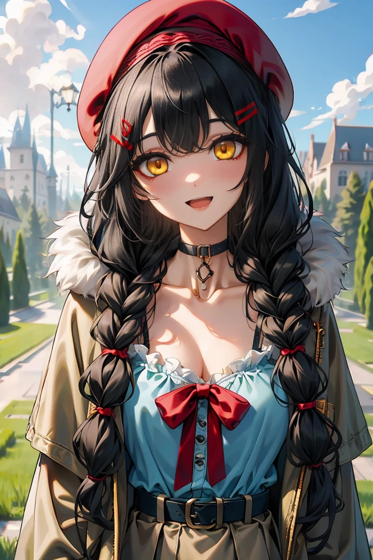 (masterpiece:1.2), (high quality:1.2), girls with((1girl, solo, black hair, yellow eyes, smiling, (wavy long hair, wearing a red beret, hairclips, braids:1.45), blush, breasts, choker, cleavage, coat, cowboy shot, navy lace dress, camisole, ribbon waist belt, black ribbon belt, red bow, red ribbon, neck ribbon, collar, collarbone, rosary, rosary choker, cross, fur, fur trim, parka, khaki hoodie, green hoodie, khaki jacket, hood down, hooded coat, hooded jacket, hoodie, jacket, large breasts, long sleeves, medium breasts, open clothes, open coat,open hoodie, sleeveless, winter clothes, zipper, cleavage, upper body, hand up, waving, palm)), background with((architecture, blue sky, bush, castle, village, no humans, cloud, cloudy sky, day, field, garden, grass, hill, house, lamppost, landscape, mountain, mountainous horizon, nature, no humans, outdoors, scenery, shrine, sky))