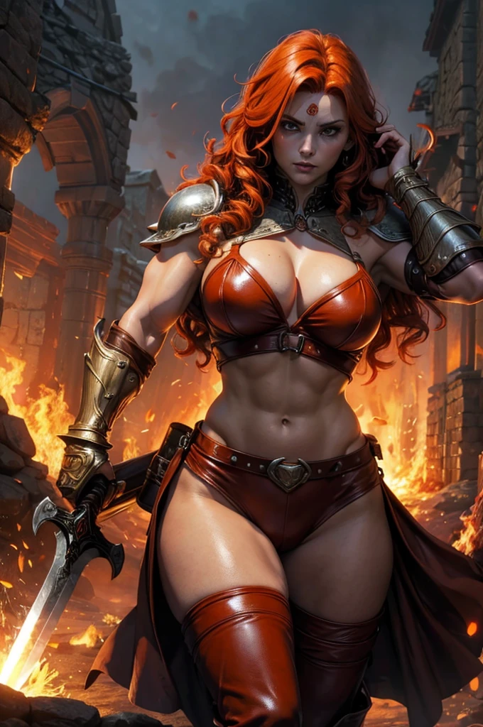 Beautiful barbarian warrior redhead orange curly hair muscular body perfect breasts leather pant armor leather cape with fluff edge holding large sword detailed face would cheekbones blushing rendered image posing heroically 