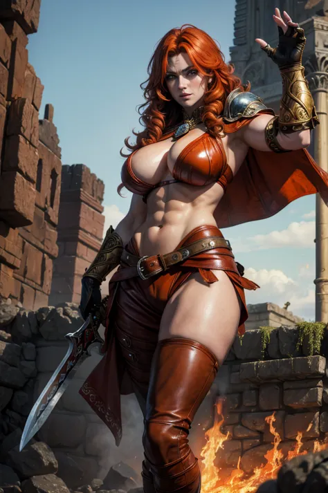 Beautiful barbarian warrior redhead orange curly hair muscular body perfect breasts leather pant armor leather cape with fluff e...