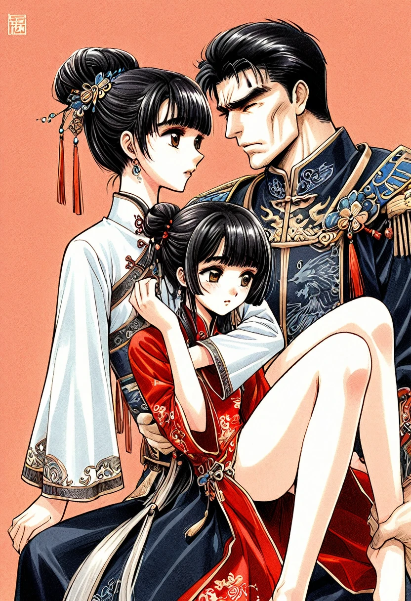 Period drama manga style　A 15-year-old super beautiful Chinese girl with black hair in a bun cut(1 person)　She is wearing a royal long-sleeved Chinese dress　She embraces the perverted old emperor while facing each other.　She wraps her legs around the man and presses her crotch against him.