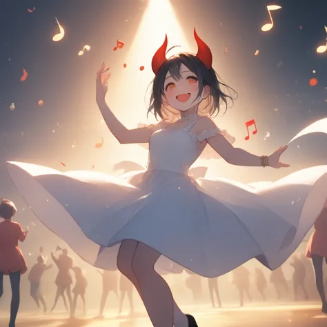 cute devil girl, happy smile, saying "thank you", saying "happy", dancing notes, fun party, hzk