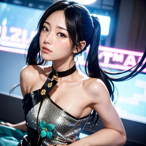 40-year-old japanese woman、black hair、the hair is very short、twin tails、hatsune miku コスプレ、headphones、flat chest、realistic photos...