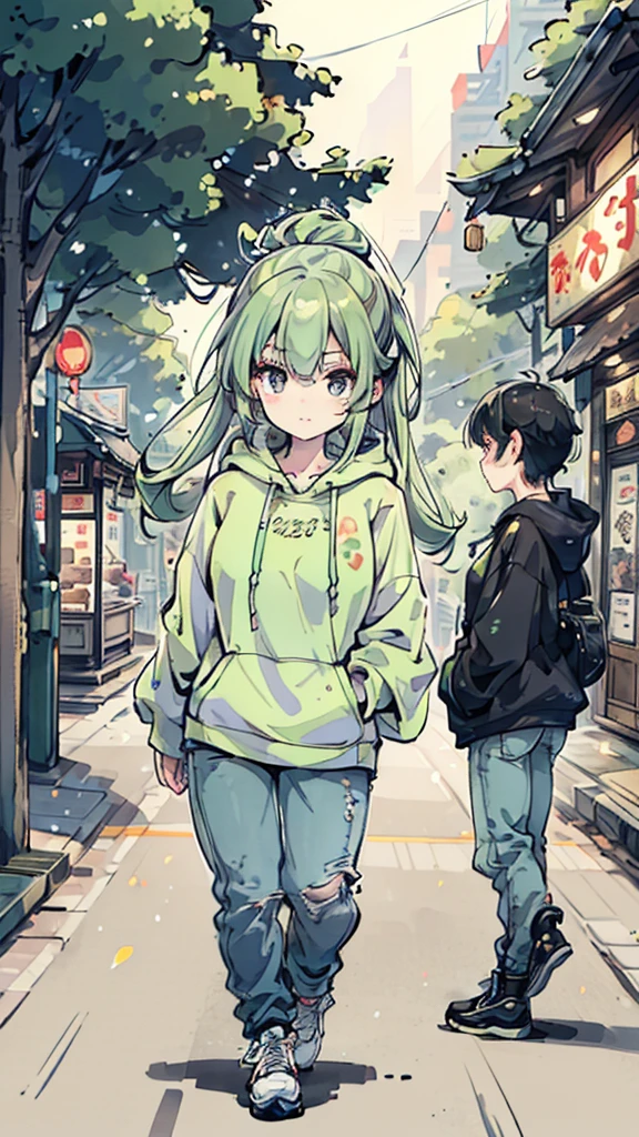 A young woman wore a light green hoodie with Chinese characters in the center. Walking on the city streets, the surrounding area has shop buildings and parked motorcycles. There was another woman in the background wearing a black hoodie and jeans. In the background, there are still large trees and people walking by. The weather seemed to be cool because everyone was wearing sweaters.