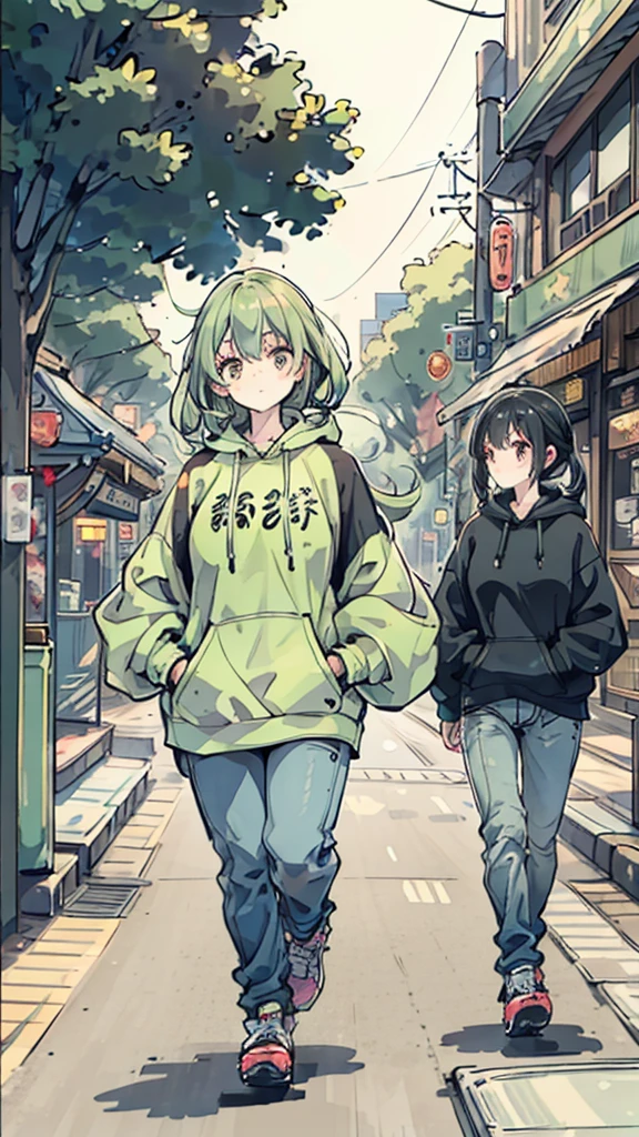 A young woman wore a light green hoodie with Chinese characters in the center. Walking on the city streets, the surrounding area has shop buildings and parked motorcycles. There was another woman in the background wearing a black hoodie and jeans. In the background, there are still large trees and people walking by. The weather seemed to be cool because everyone was wearing sweaters.