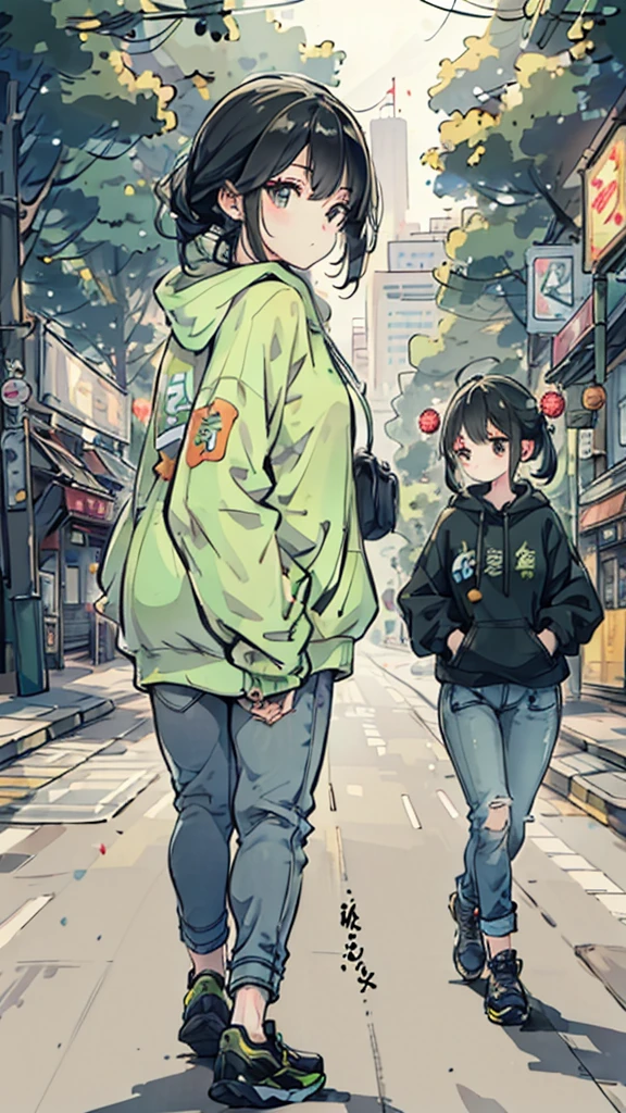 A young woman wore a light green hoodie with Chinese characters in the center. Walking on the city streets, the surrounding area has shop buildings and parked motorcycles. There was another woman in the background wearing a black hoodie and jeans. In the background, there are still large trees and people walking by. The weather seemed to be cool because everyone was wearing sweaters.