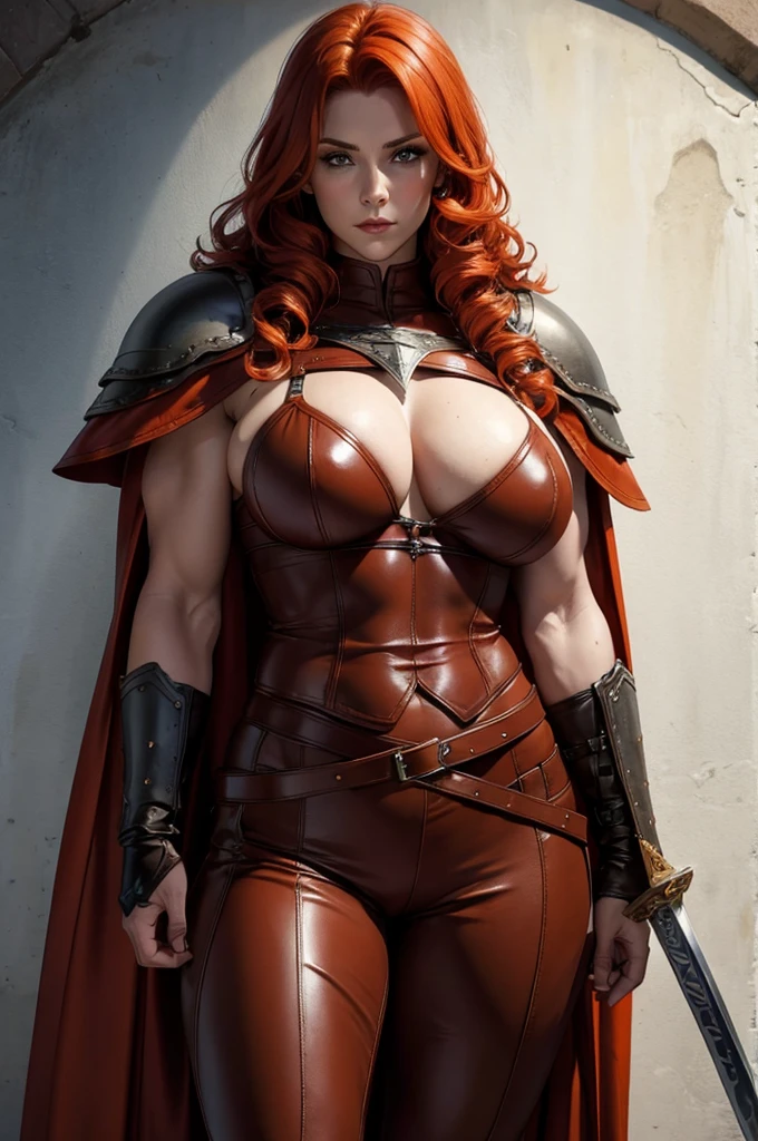 Linda ruiva guerreira nórdica cabelo cacheado laranja corpo musculoso seios perfeitos calça de couro armadura capa de couro com borda fofa segurando uma espada grande rosto detalhado com maçãs do rosto corando imagem renderizada posando heroicamente 