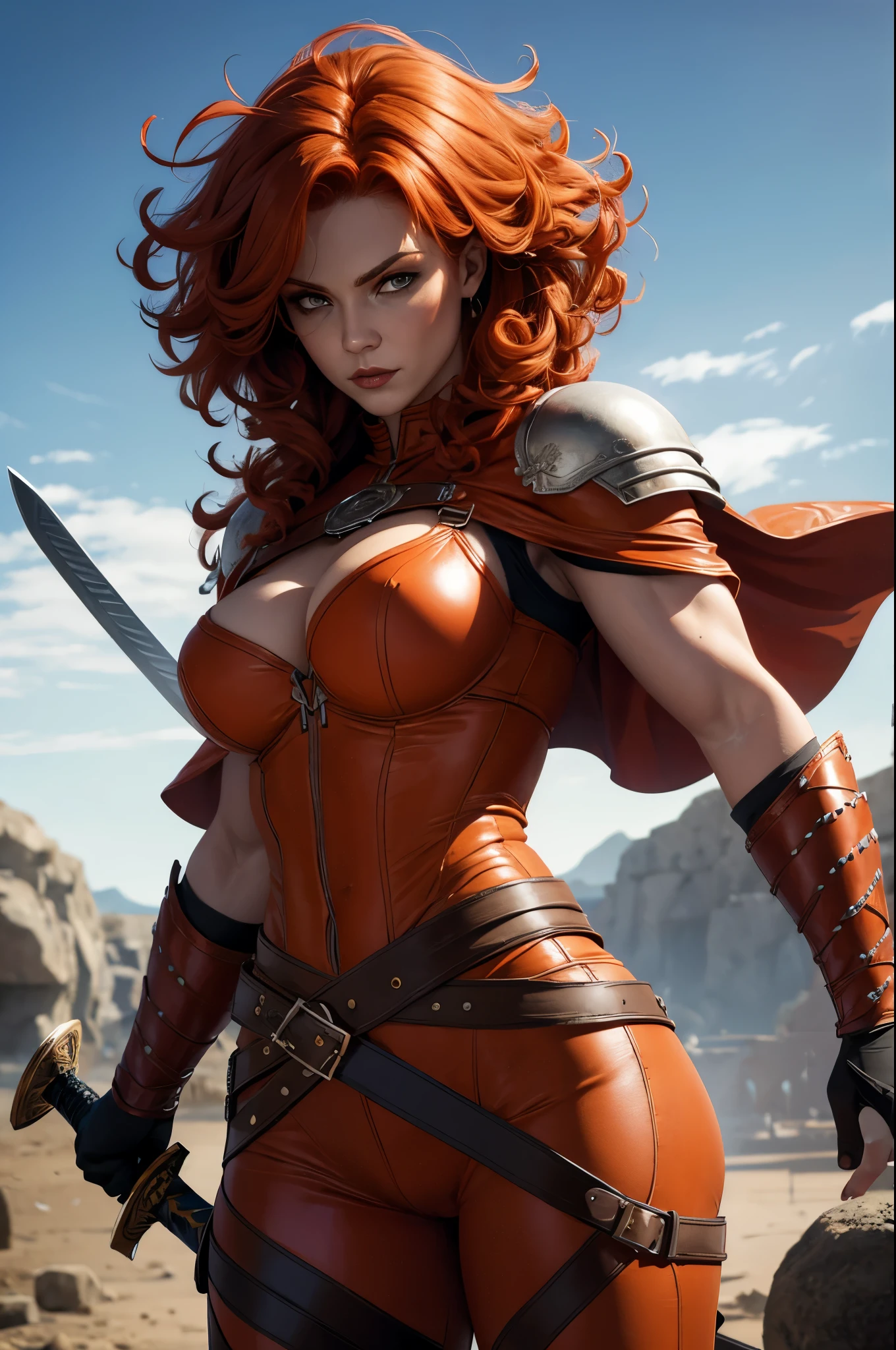 Beautiful redhead nordic warrior orange curly hair muscular body perfect breasts leather pant armor leather cape with fluff edge holding large sword detailed face would cheekbones blushing rendered image posing heroically 