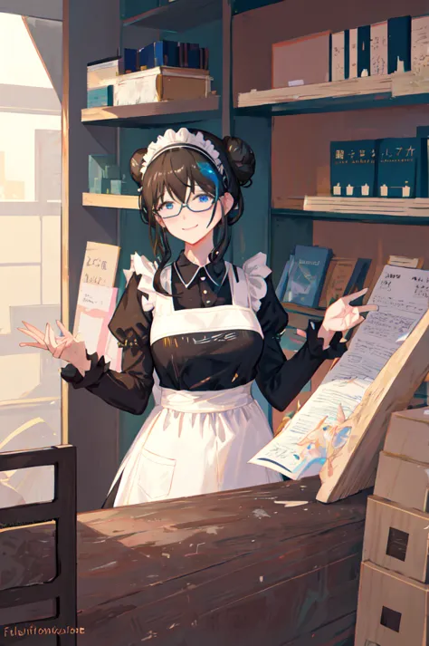 sagisawa fumika, One girl, Glasses, Maid, alone, Bookshelf, blue eyes, Black Hair, Alternative costume, Maid headdress, apron, e...