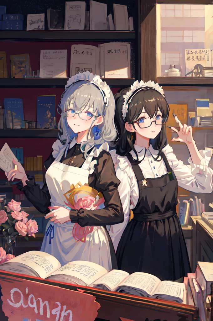 sagisawa fumika, One girl, Glasses, Maid, alone, Bookshelf, blue eyes, Black Hair, Alternative costume, Maid headdress, apron, enMaided, smile, Juliet Sleeve, dress, Long sleeve, Puff sleeves, Glassesをかけた, View your viewers, Book, Maid apron, single Hair Bun, chest, library, white apron, Hair Bun, indoor, blush, brooch, Frills, black dress, official Alternative costume, large chest, Long Hair, Side Lock, 丸いGlasses