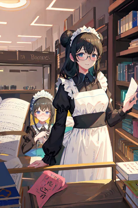 sagisawa fumika, one girl, glasses, maid, alone, bookshelf, blue eyes, black hair, alternative costume, maid headdress, apron, e...