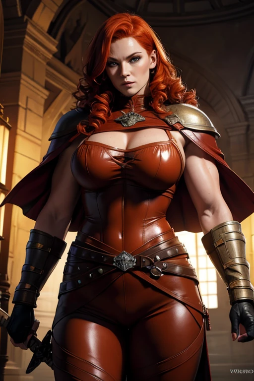 Beautiful redhead nordic warrior orange curly hair muscular body perfect breasts leather pant armor leather cape with fluff edge holding large sword detailed face would cheekbones blushing rendered image posing heroically 