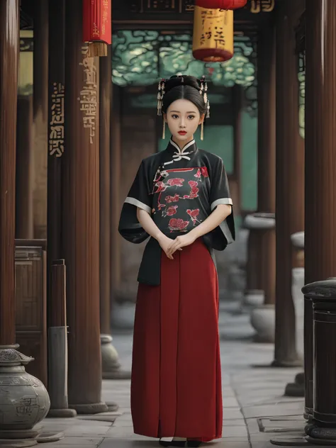 a cute chinese girl in a modern interpretation of the hanfu, combining traditional elements with contemporary fashion. she's sta...