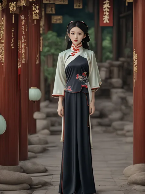 a cute chinese girl in a modern interpretation of the hanfu, combining traditional elements with contemporary fashion. she's sta...