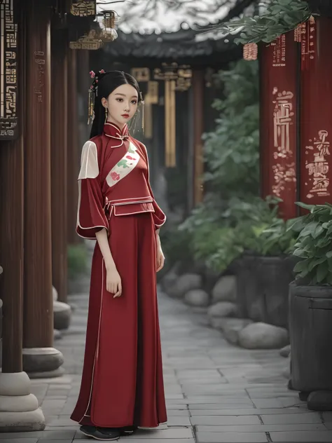 a cute chinese girl in a modern interpretation of the hanfu, combining traditional elements with contemporary fashion. she's sta...