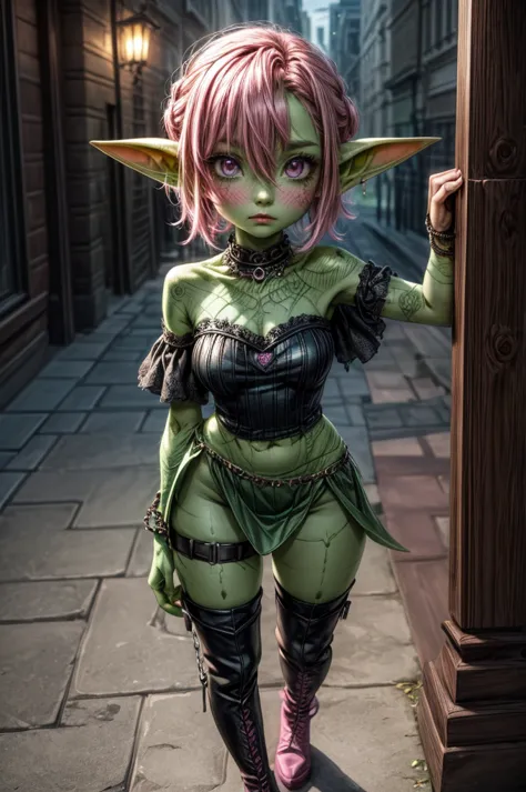 absurd resolution, ((best quality)), ((masterpiece)), (very detailed), 4k, goblin girl, short stature,short pink hair, wearing m...