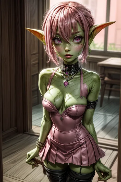 absurd resolution, ((best quality)), ((masterpiece)), (very detailed), 4k, goblin girl, short stature,short pink hair, wearing m...