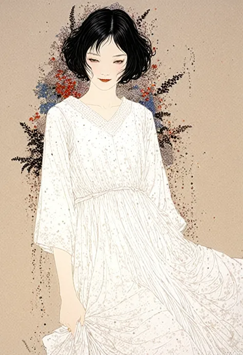 line art、virgin、splattered、crazy smile、falling flowers、takato yamamoto style、face、flower art、white dress