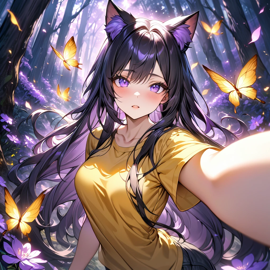 Medium boob, long hair, Girl with yellow tshirt, cat ears, forest,purple dark light, absurdres, highres, ultra detailed, HDR, master piece, best quality, black hair, expressive purple eyes, magical, fantasy, shining, purple flowers, blossoms, yellow butterflies, medium shot, Taking selfies behind him is a guy