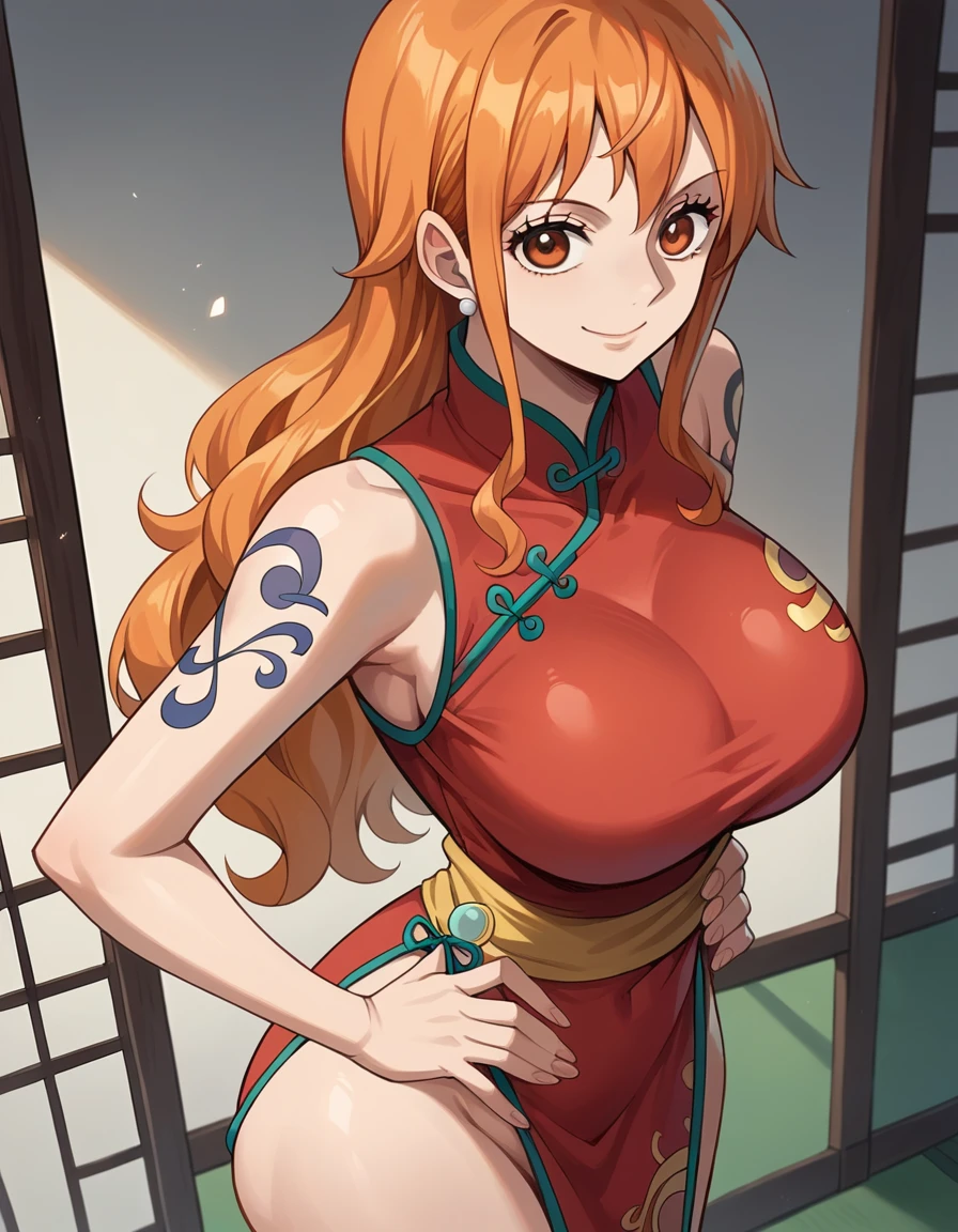 score_9, score_8_up, score_7_up, source_anime, best quality, clear face, Nami, orange hair, orange eyes, long hair, large breasts, big ass, perfect body, standing, looking at viewer, smile, china dress, red clothes, dynamic angle, indoor, put hand on waist