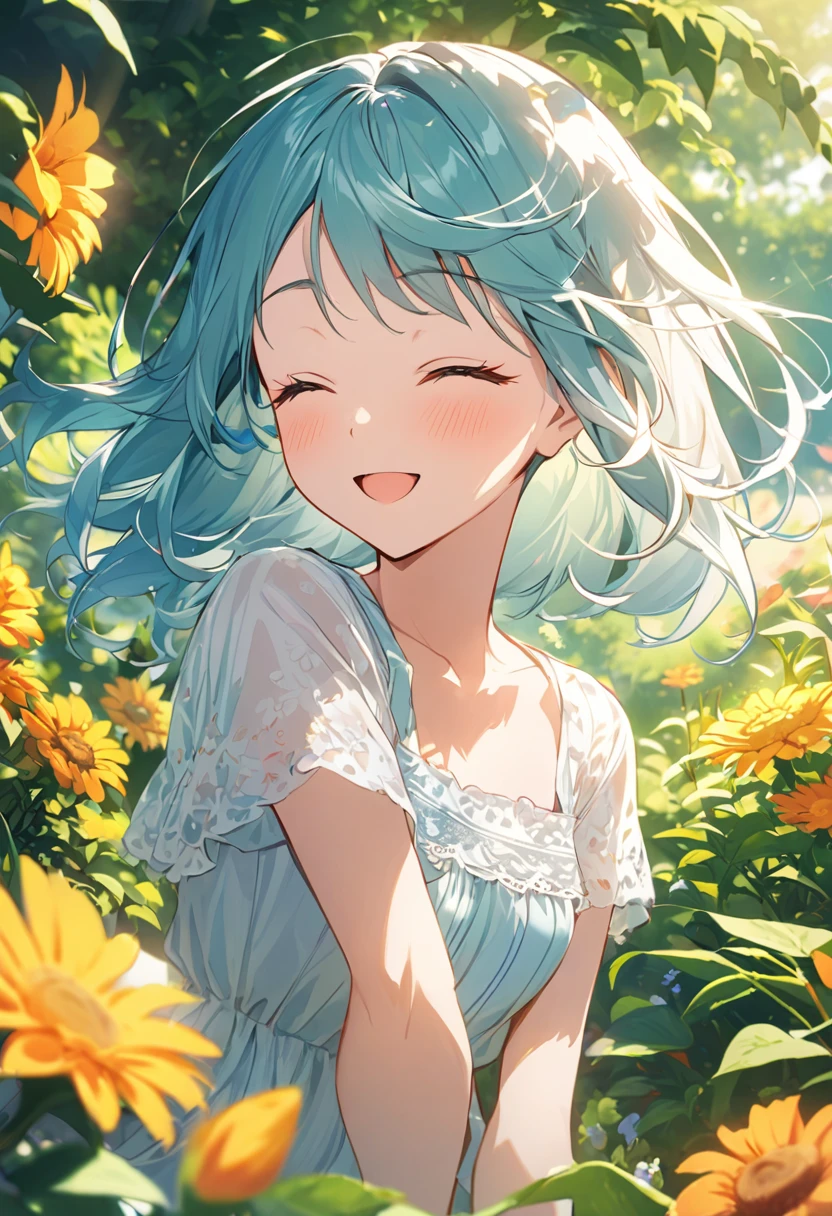 (Highest quality,high resolution:1.2), bright colors, garden, sunny day, summer, bright atmosphere, one woman, Beautiful, attention to detail, Long eyelashes, ((Close your eyes., happy expression)), flowing hair, summer色のドレス, short hair, cowboy shoot