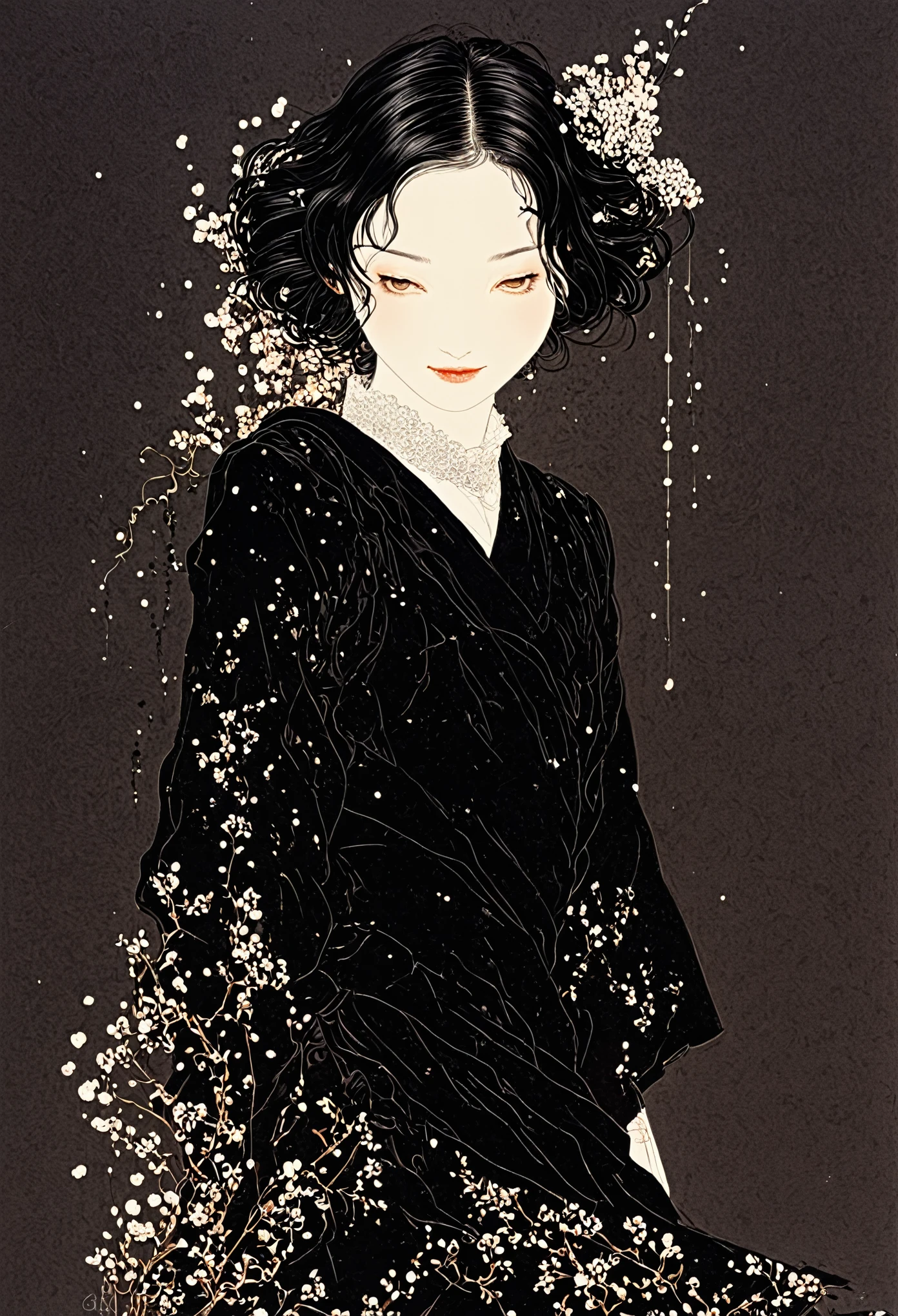 arte lineal、virgen、salpicado、sonrisa loca、Flores cayendo、Estilo Takato Yamamoto、vestido negro