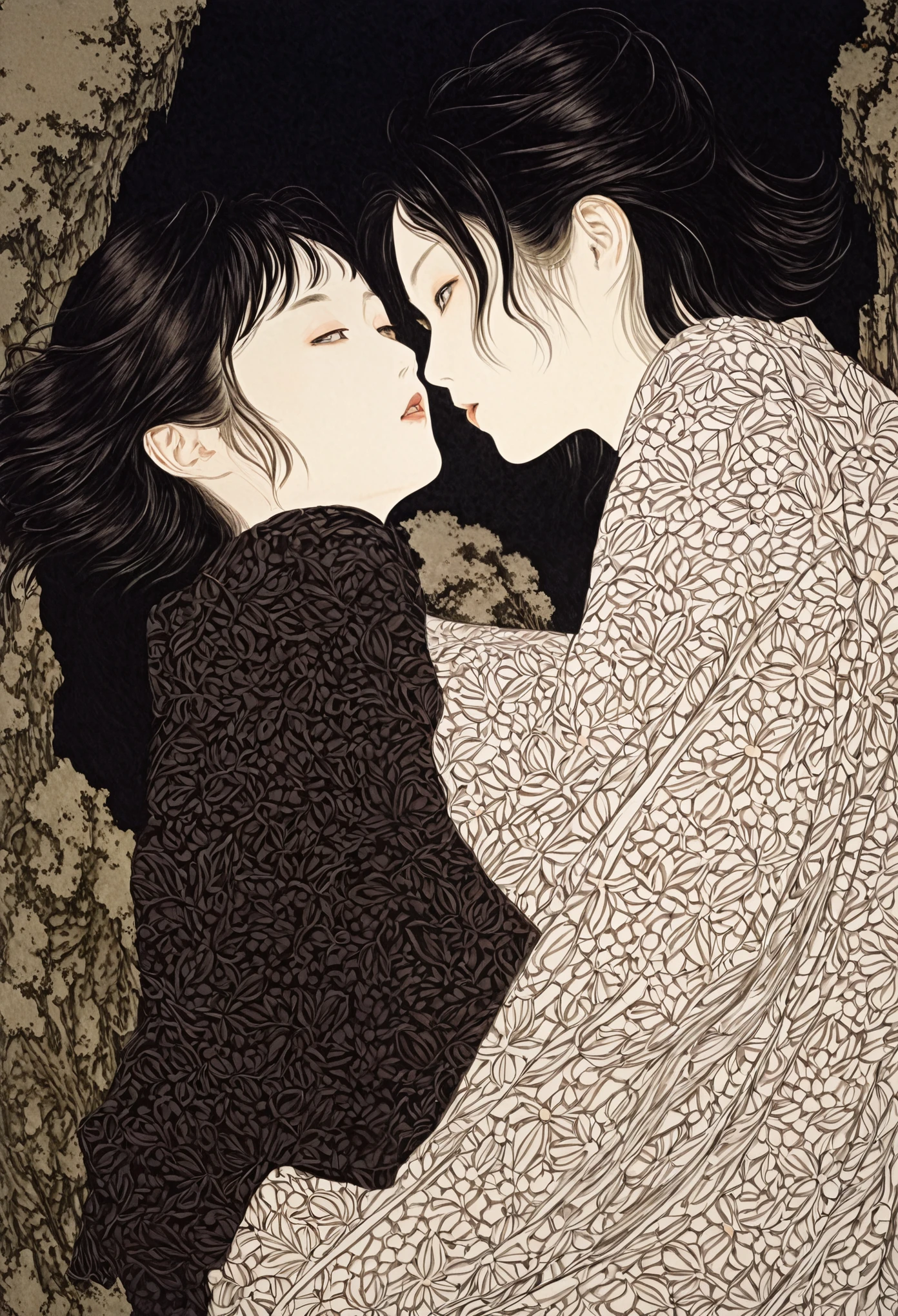 Line art、2 girls、Embrace each other、Yuri、Lesbian、Browsing Caution, throw,  Dark and detailed patterned background、takato yamamoto&#39;style
