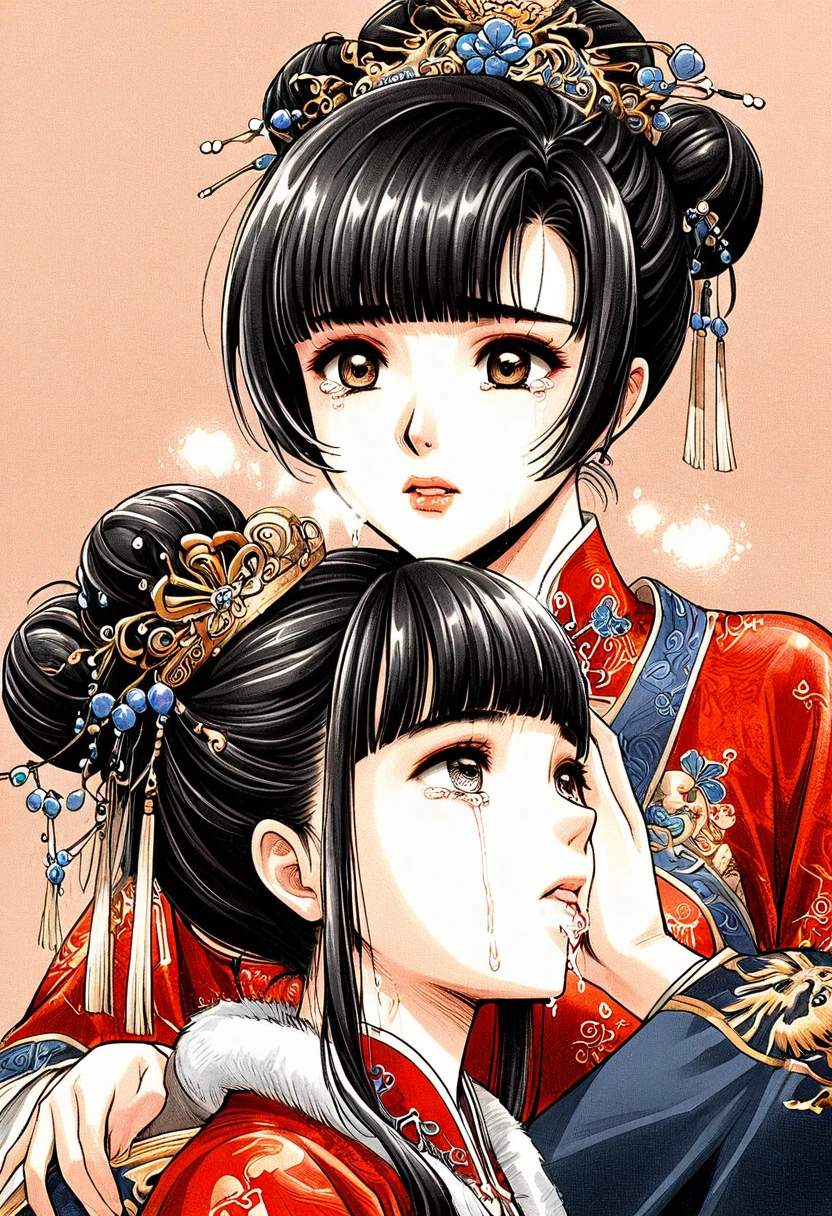 Period drama manga style　A 15-year-old super beautiful Chinese girl with black hair in a bun cut(1 person)　She is wearing a royal long-sleeved Chinese dress　She is forced to be held by the perverted old emperor while facing each other and cries.　She exposes her nipples and gets fucked in face to face standing position　