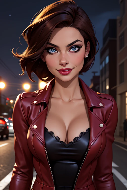 Best quality, realistic, from the front in first person, KristannaTX on a Los Angeles city street, (a female mexican supermodel), (sexy wine red leather jacket:1.1), split, Seductive smile, (dark hair), (hairstyle:1.0), Perfect eyes, sharp parts, Detailed face, face-makeup, cheeks turn red, Eyeliner, eyeshadow, Lip gloss, supermodel, (deep focus), (hard lighting), (night time), (realistic lighting:1.0)