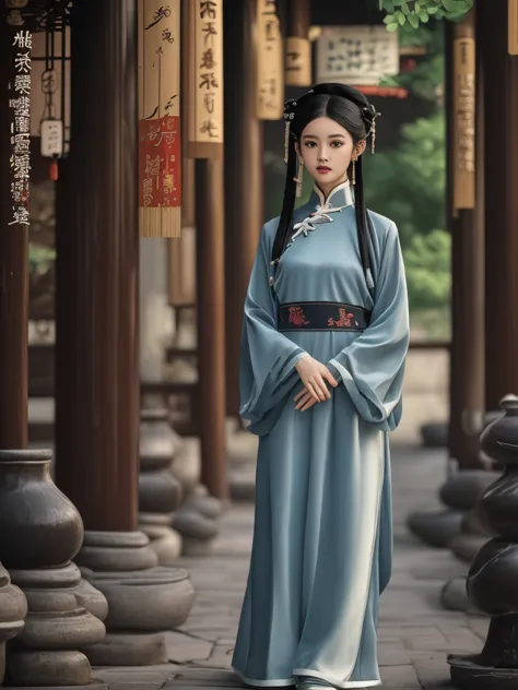 a cute chinese girl in a modern interpretation of the hanfu, combining traditional elements with contemporary fashion. she's sta...