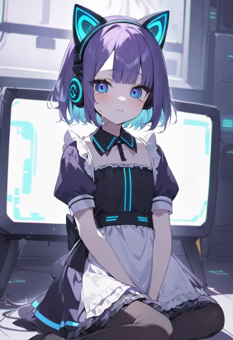 a cyberpunk style girl around 17 years old。purple short bob hair、wearing cat ear headphones、black and white maid outfit。i fell a...