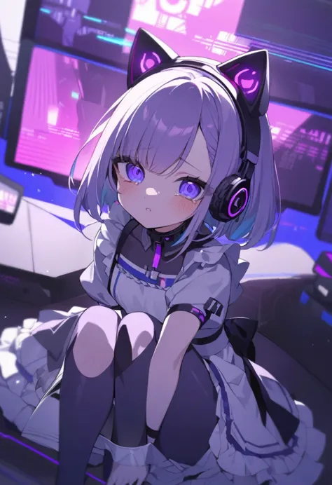 a cyberpunk style girl around 17 years old。purple short bob hair、wearing cat ear headphones、black and white maid outfit。i fell a...