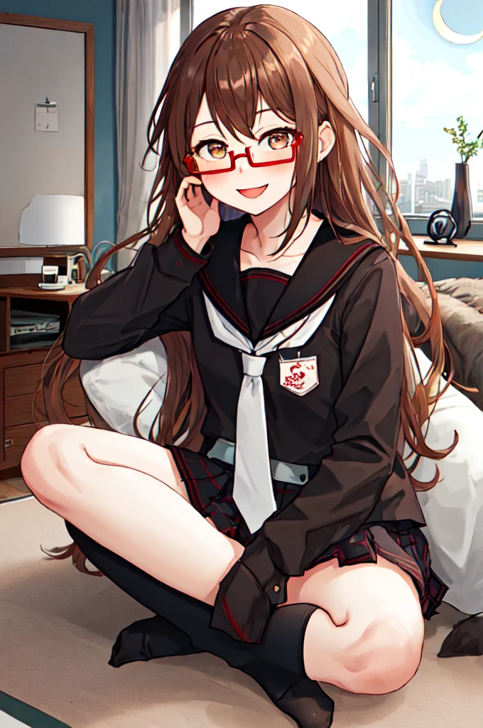 Highest quality, masterpiece, High resolution, alone, {full moon_Fleet Collection:1.15}, Long Hair, Brown Hair, Glasses, brown_eye, red-framed_Glasses, semi-rimless_Glasses, Crescent Moon, black_Seraphim, blush, Under Rim_Glasses, One girl, Closed_eye, Open_mouth, School_uniform, (indoor, office, living room), , blackスカート, ^_^, eggplant, smile