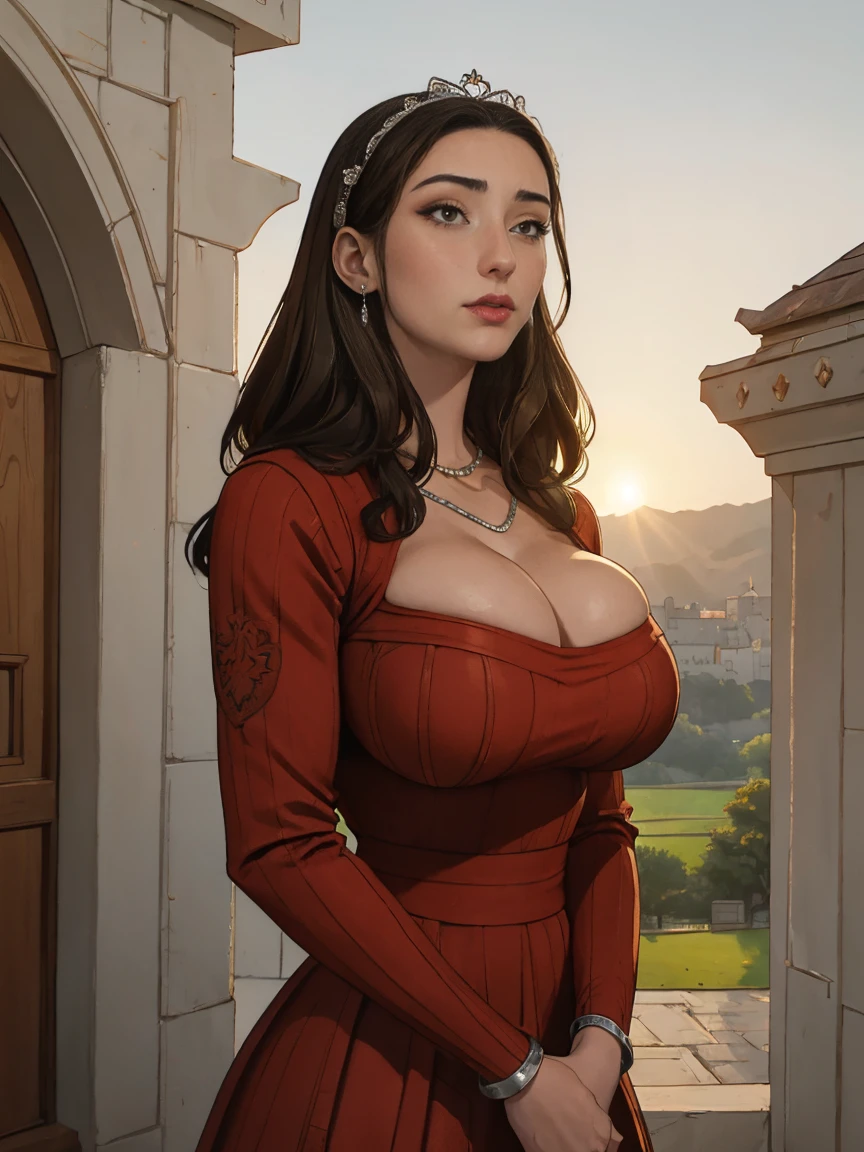 Gorgeous and sultry busty athletic (thin) brunette queen with sharp facial features wearing a modest updo, dark red medieval dress, long sleeves, intricate patterns, scrollwork, wide neck, crown, veil, long dress, modest dress, tight bodice, (silver waist chain), medieval jewelry, Middle Ages, castle, rampart, wall, exterior, on top of a castle wall, trees, countryside, evening, sunset.