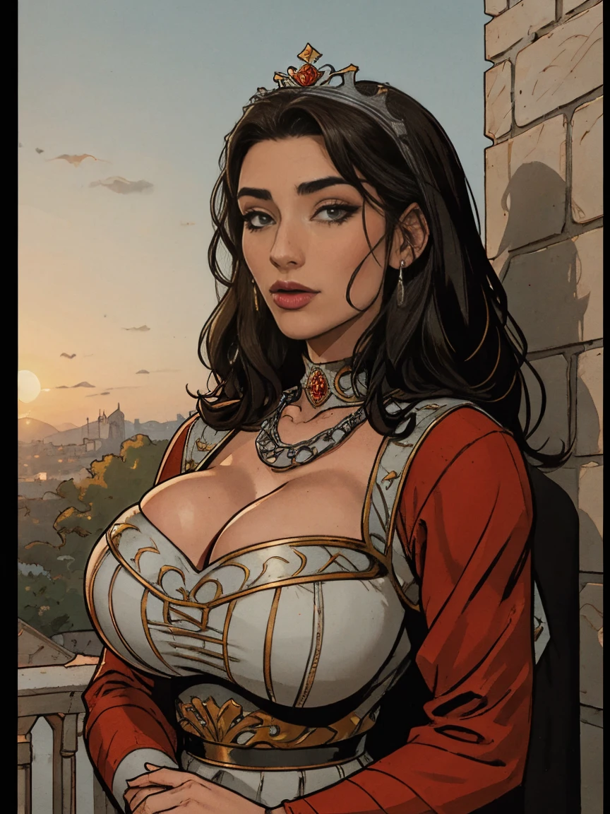 Gorgeous and sultry busty athletic (thin) brunette queen with sharp facial features wearing a modest updo, dark red medieval dress, long sleeves, intricate patterns, scrollwork, wide neck, crown, veil, long dress, modest dress, tight bodice, (silver waist chain), medieval jewelry, Middle Ages, castle, rampart, wall, exterior, on top of a castle wall, trees, countryside, evening, sunset.