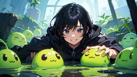 otherworldly fantasy、a boy and a slime、anime、black hair、smile