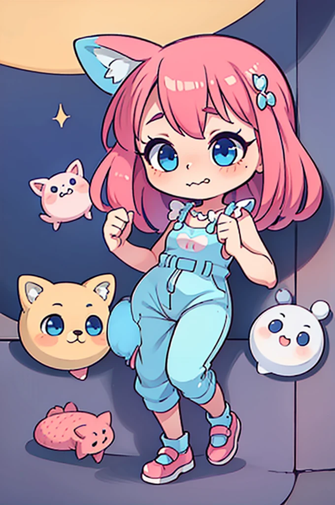 1 girl, tiny, toddler, pink hair, fox ears, light skin, blue eyes, sparkle in eyes, purple pacifier, wearing strawberry pattern romper clothes, blue marry jane shoes