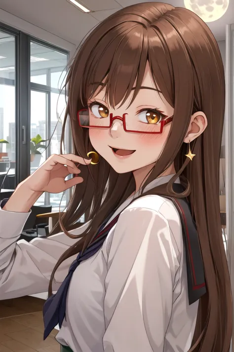 highest quality, masterpiece, high resolution, alone, {full moon_fleet collection:1.15}, long hair, brown hair, glasses, brown_e...